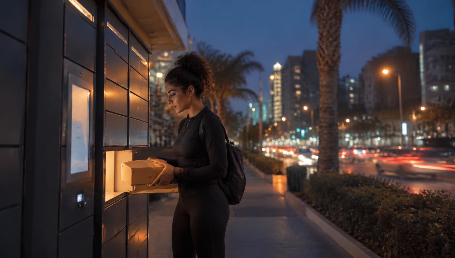 A woman in gym clothes collecting a parcel from a lit smart-locker station on a city sidewalk at dusk