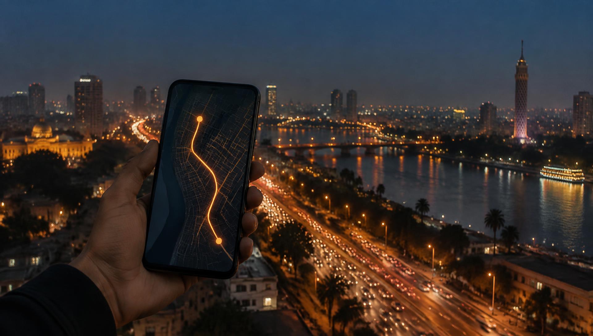 A hand holding a phone showing a glowing route over Cairo and the Nile at night