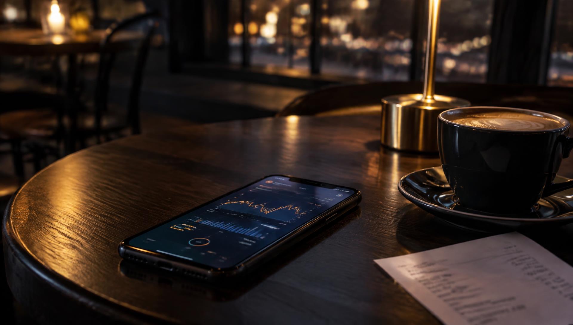 A smartphone glowing with spending charts on a dark cafe table beside a coffee cup at night