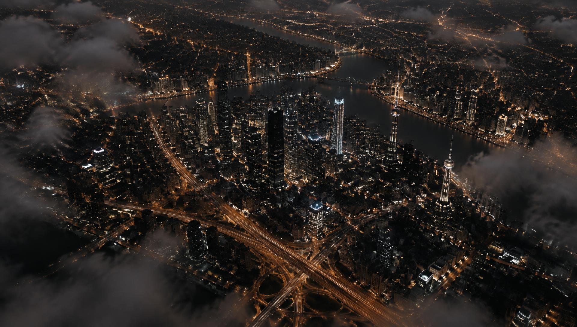 Aerial view of a dense city at night, arterial roads lit as continuous lines