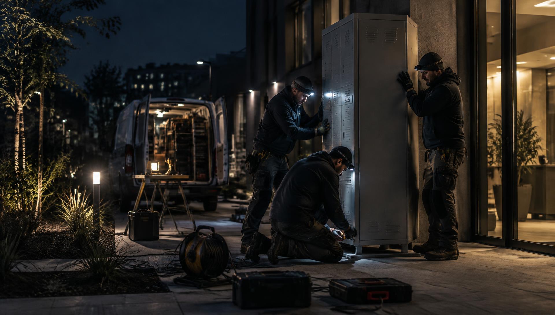 An installation crew fitting a metal locker cabinet in a building forecourt at night