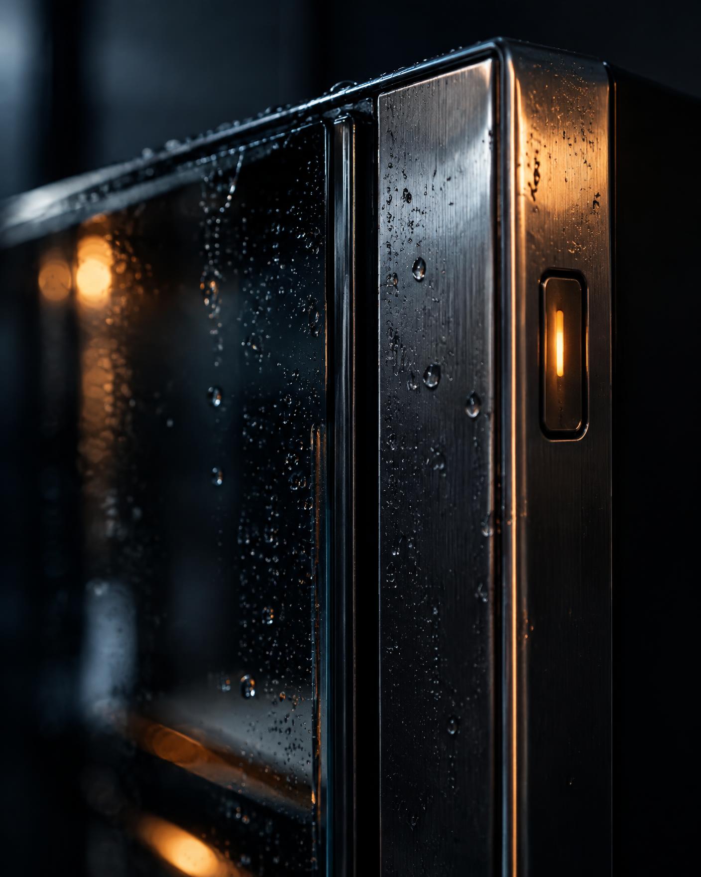 Close detail of a steel locker column lit from one side at night