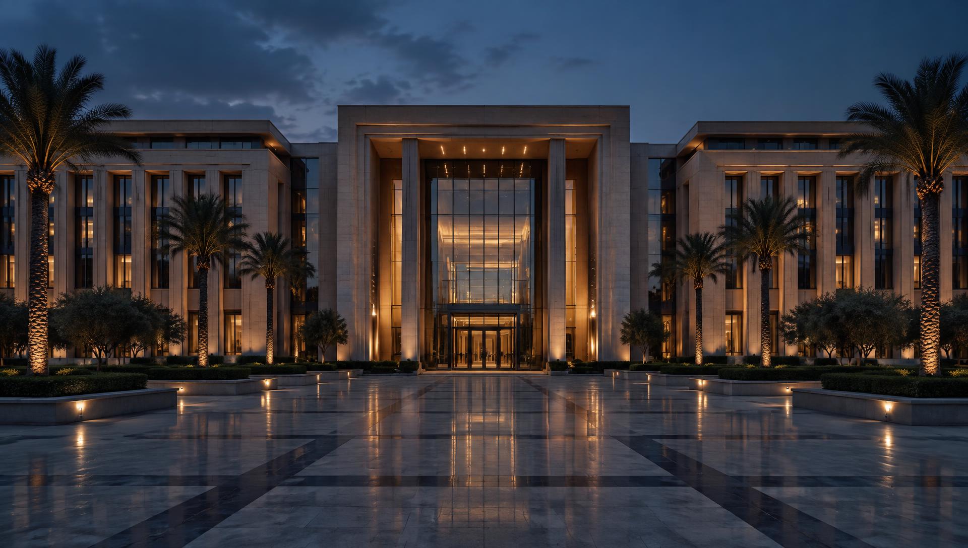 The facade of a civic administrative building at dusk, pale stone, palms and a wide plaza