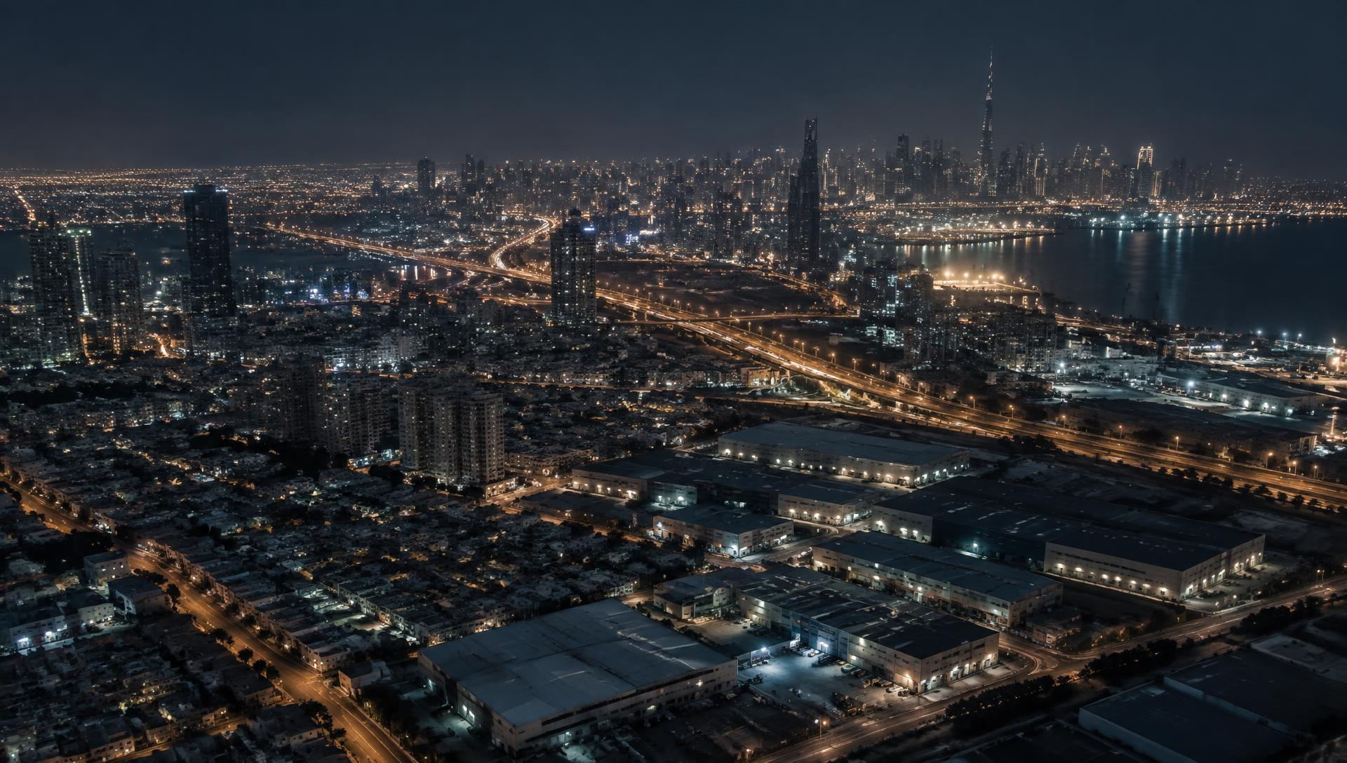 Aerial view of a dense city at night combining warehouses, residential towers and retail streets, arterial roads lit
