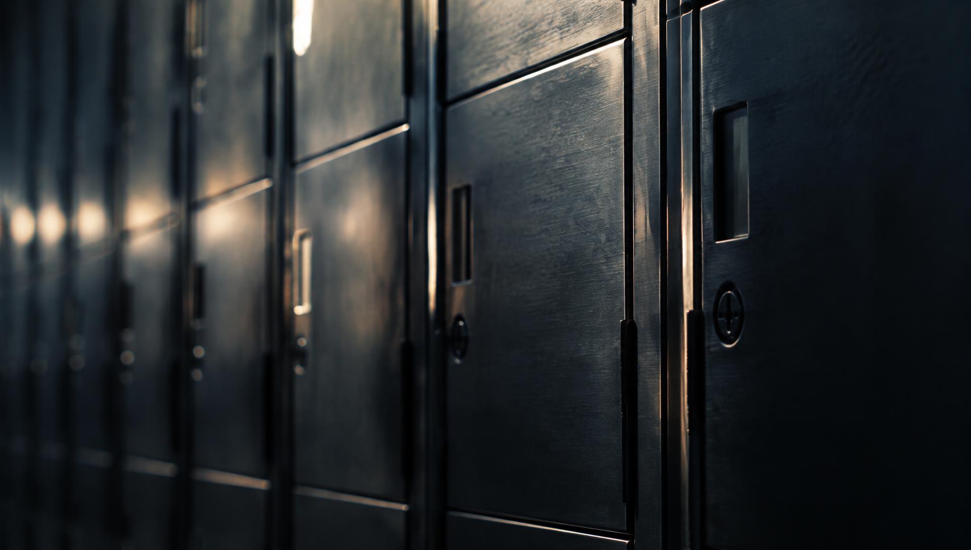 Raking light across a row of brushed metal locker doors