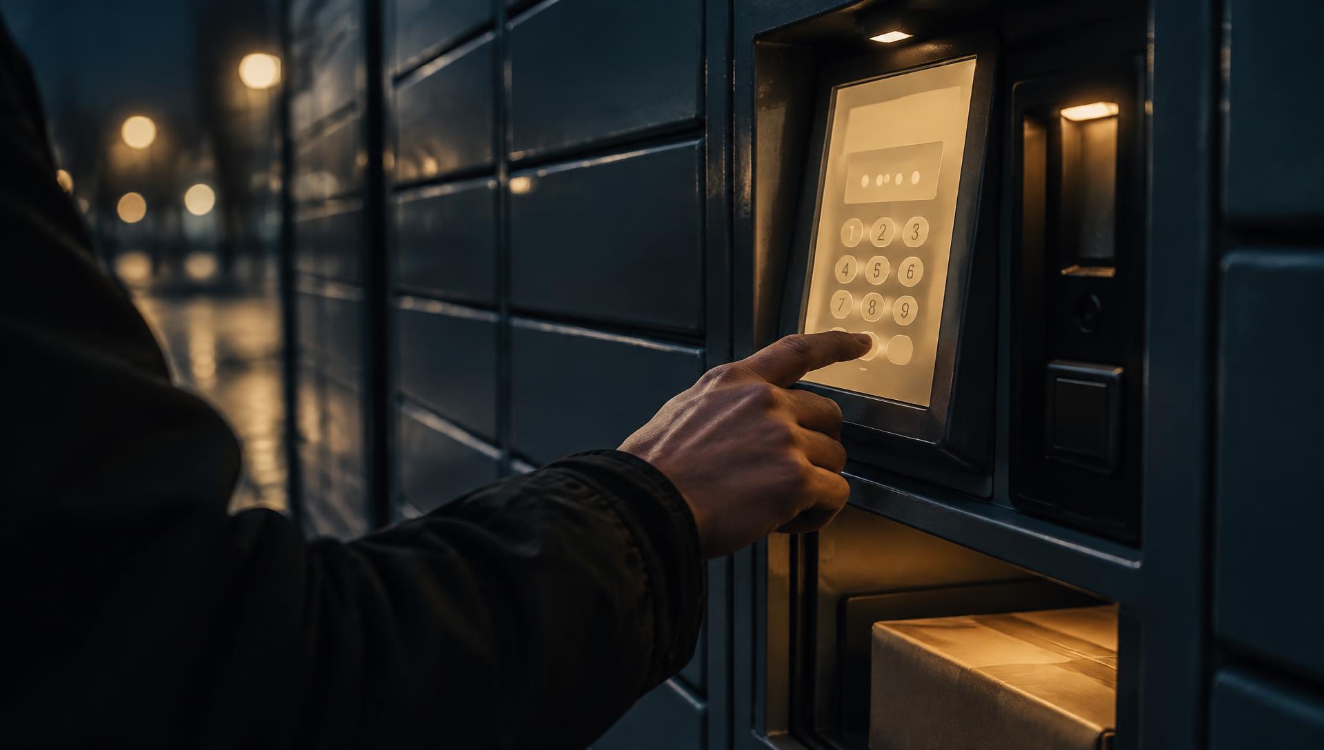 A hand entering a code on the illuminated keypad and touchscreen of a smart locker station at night