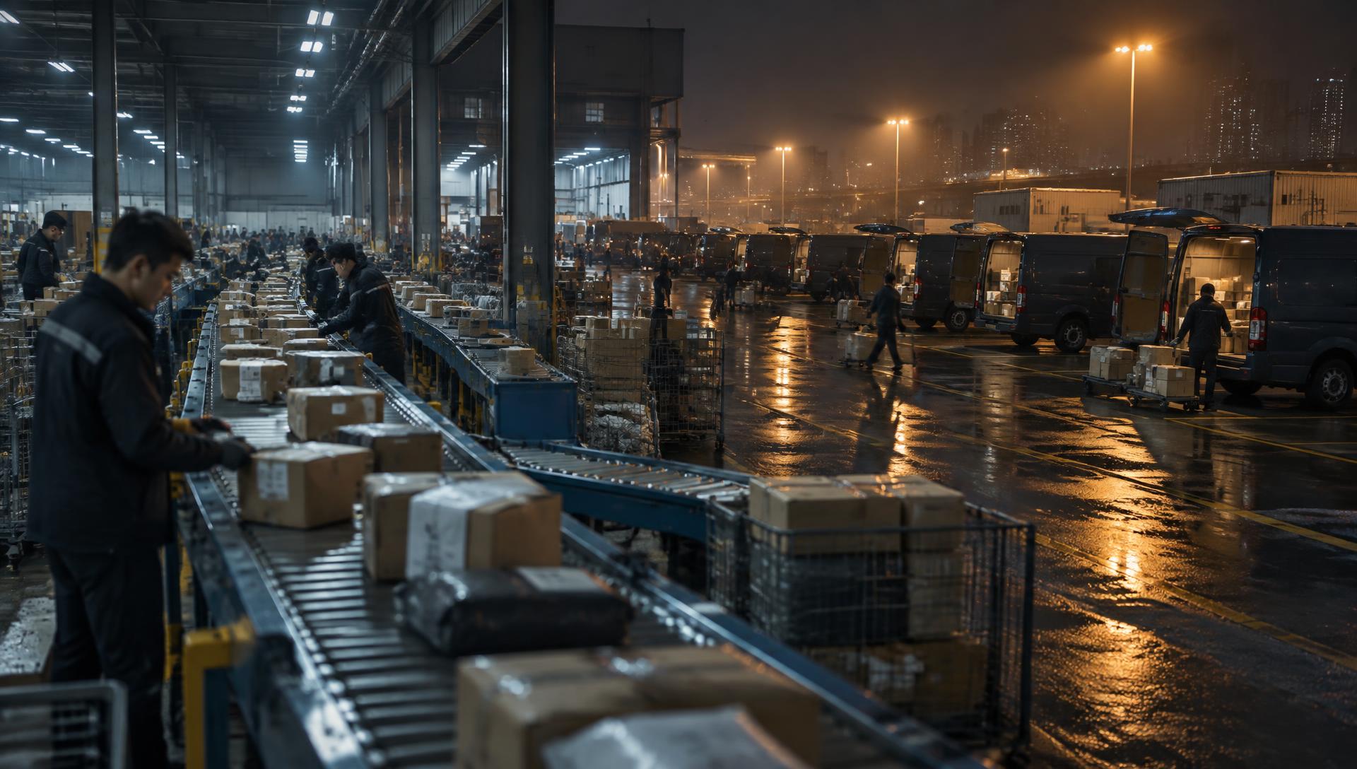 A night sorting and dispatch floor with parcel conveyors and delivery vans staged under sodium light