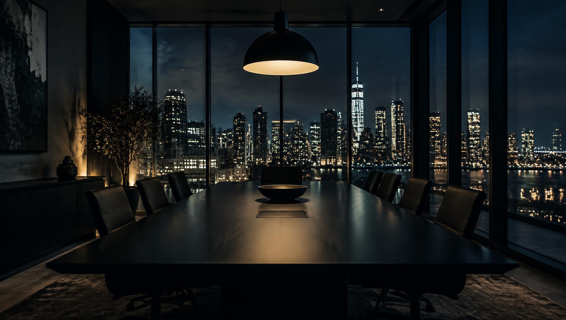 An evening meeting around a long table with a lit city beyond the glass