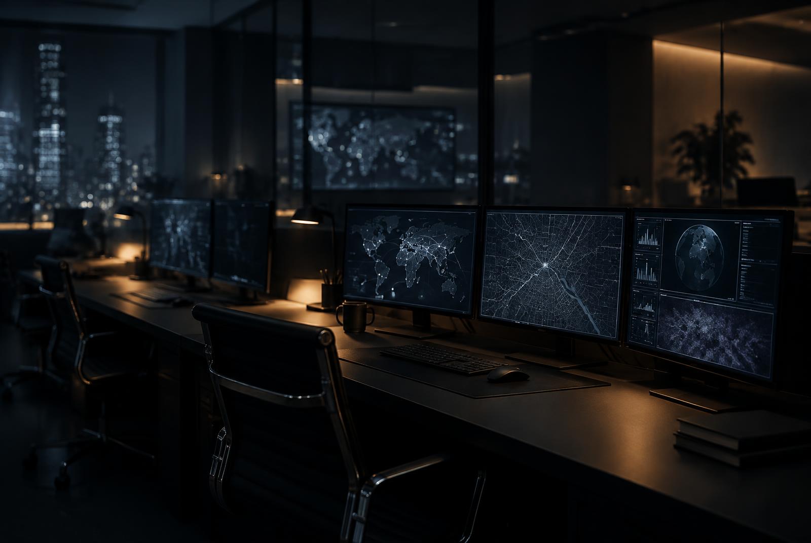 A dimly lit network operations room at night with wide monitors showing map and grid views