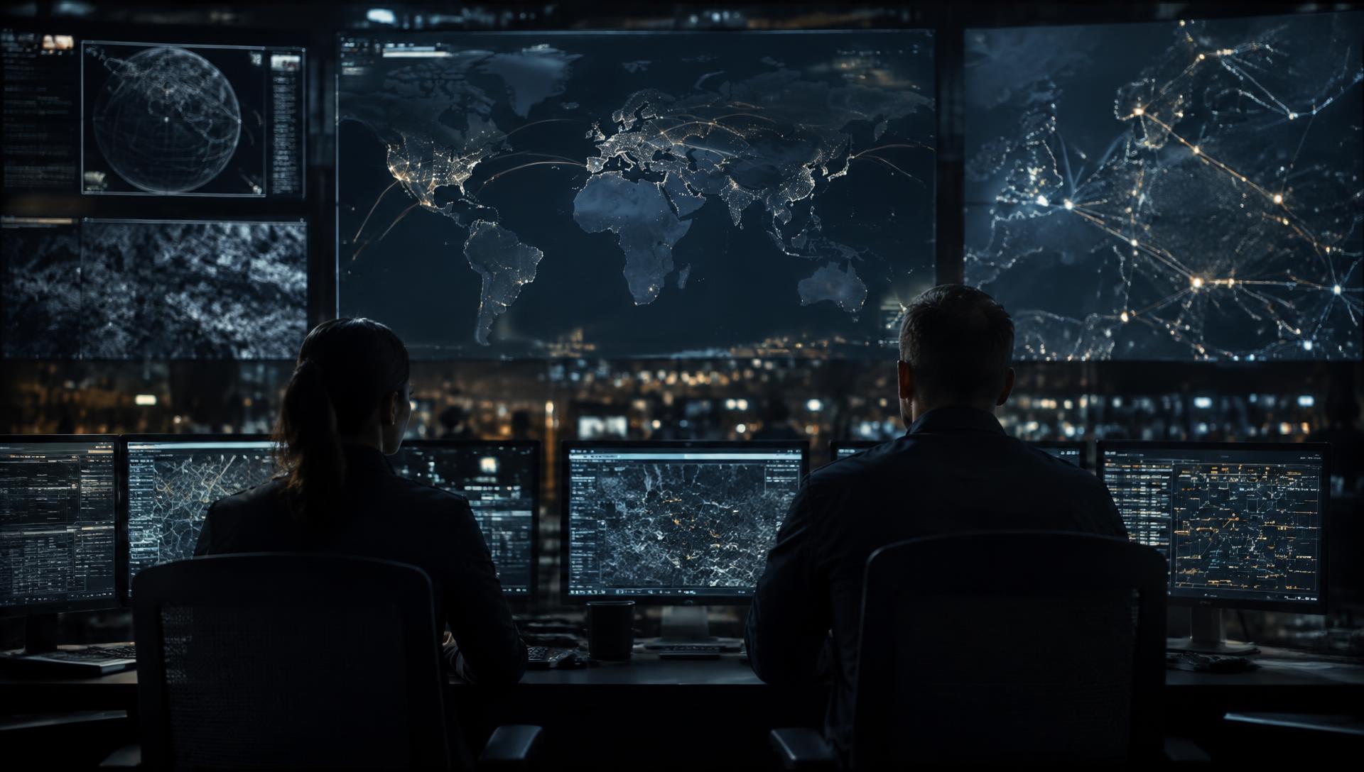 Two operators reviewing a wall of network operation screens in a dim control room