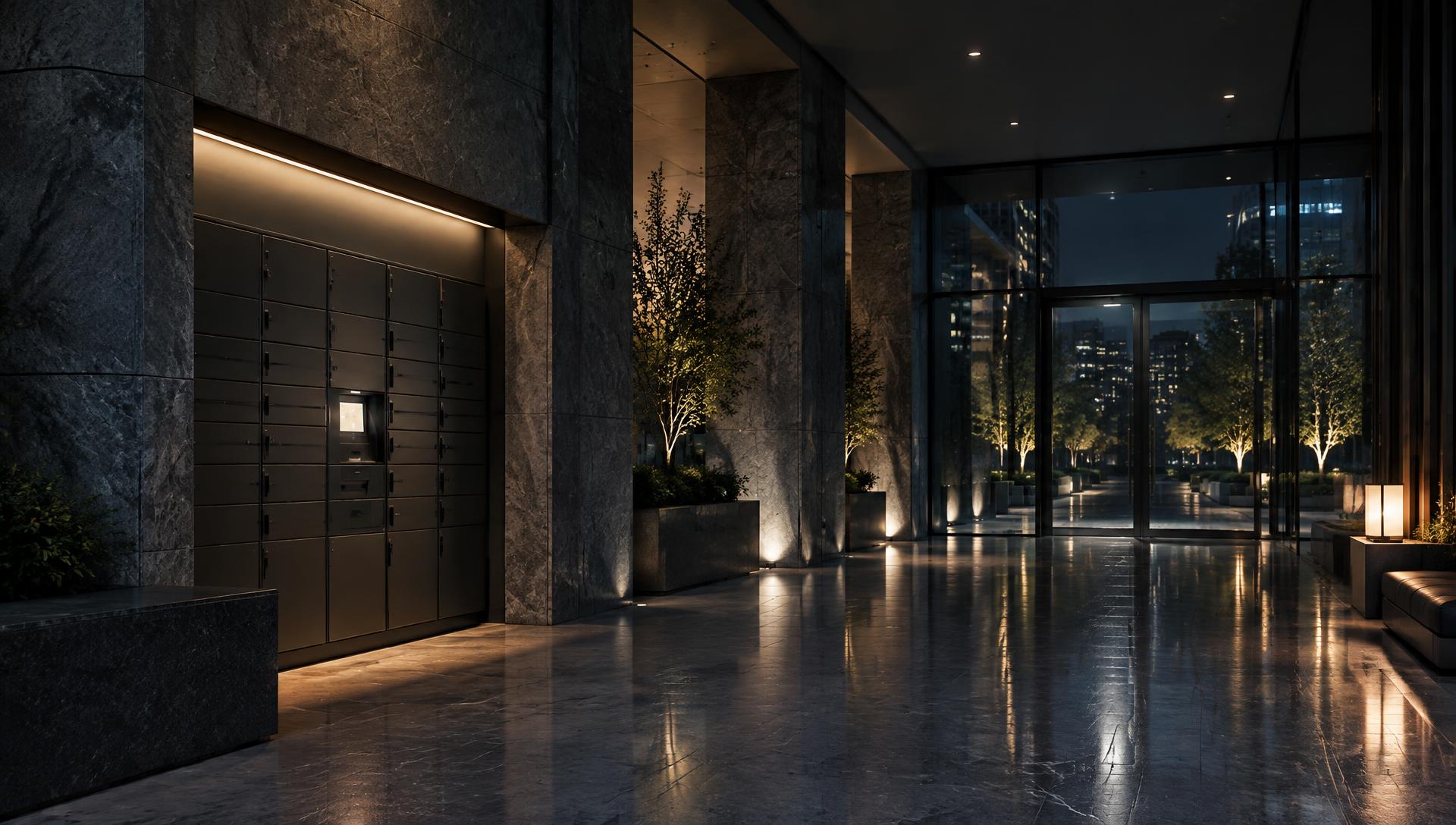 A residential tower lobby colonnade at night with a parcel locker bay set into the stone wall