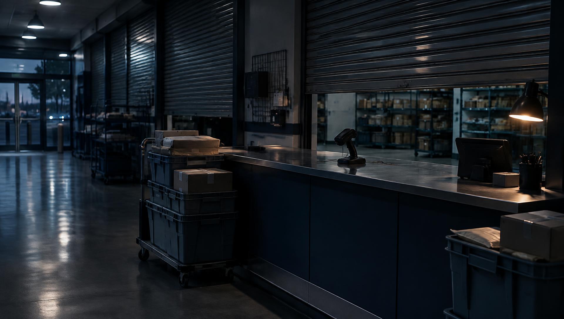 A store back-of-house handover counter at closing time, with stacked parcel totes and a scanner