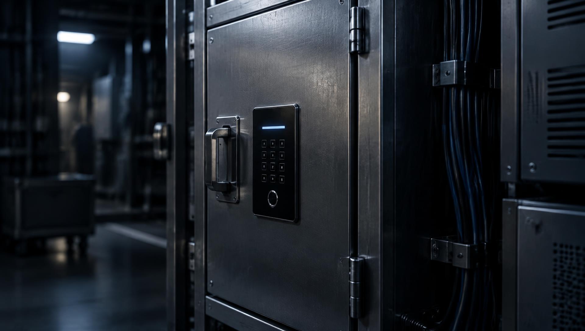 A locked steel equipment cabinet with a precise electronic access panel and indicator light