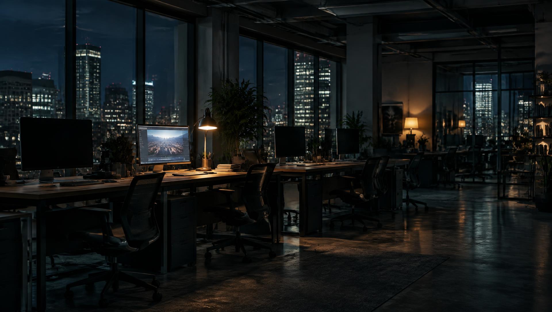 A quiet studio floor after hours, long desks and monitors with a city at night beyond the glass